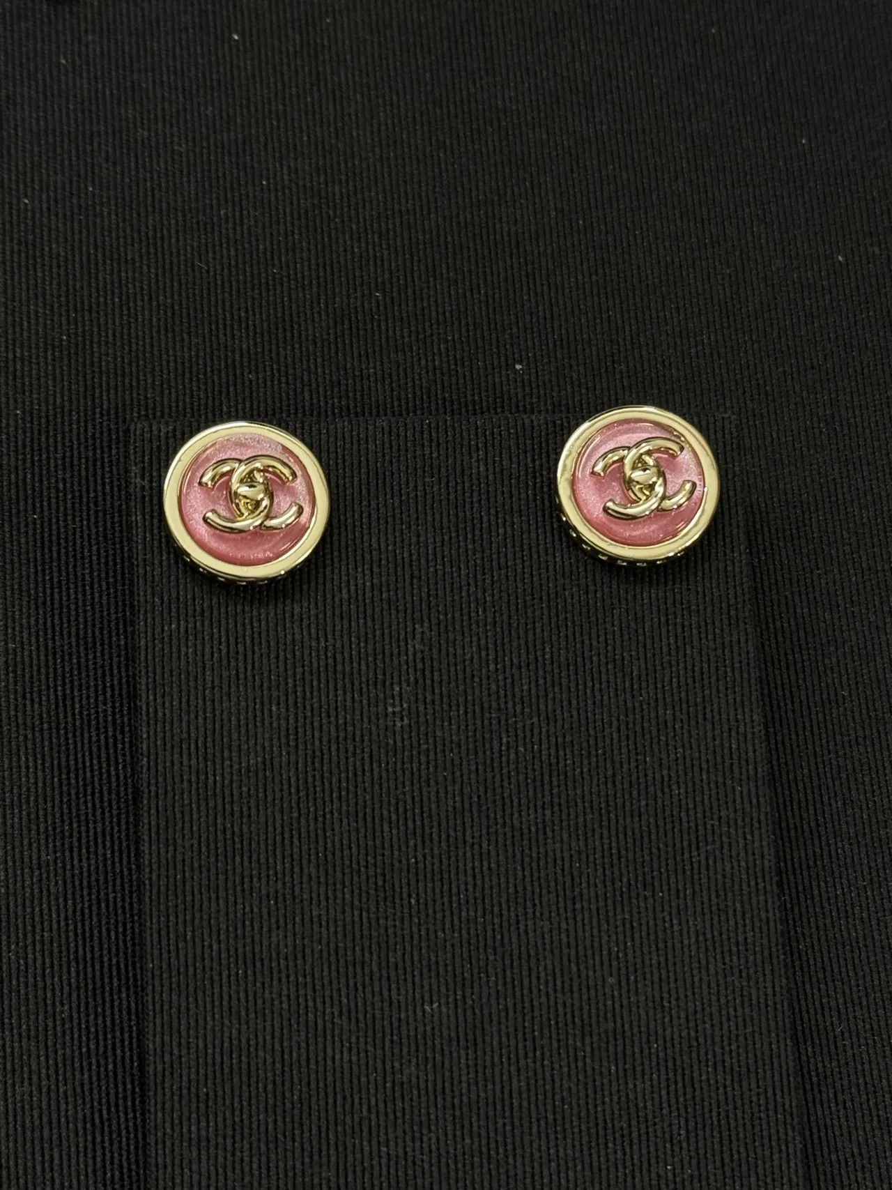 Chanel Enamel CC Pink and Gold Button Earrings 3