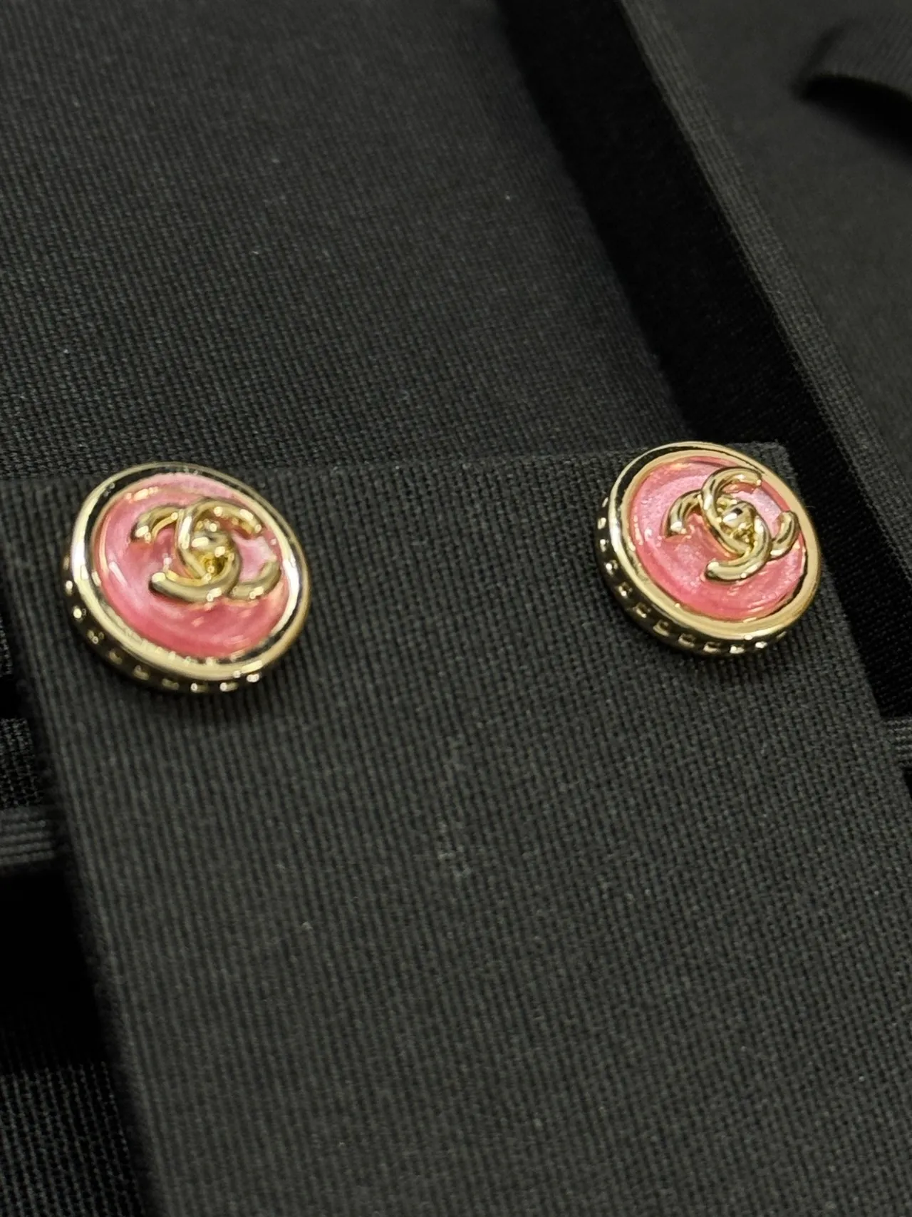Chanel Enamel CC Pink and Gold Button Earrings 4