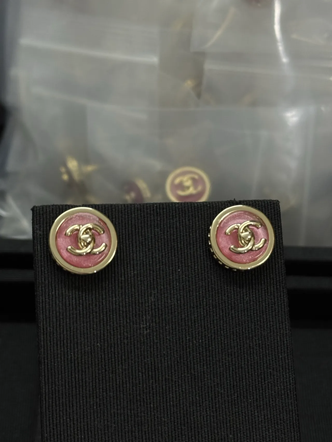 Chanel Enamel CC Pink and Gold Button Earrings 5