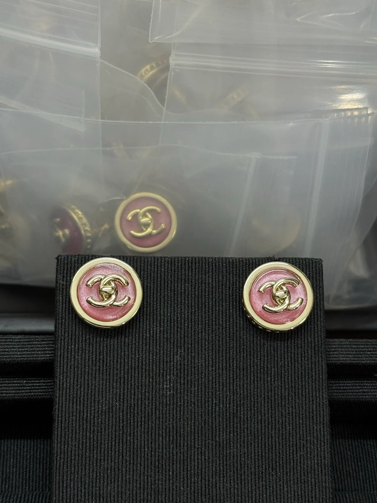 Chanel Enamel CC Pink and Gold Button Earrings 6