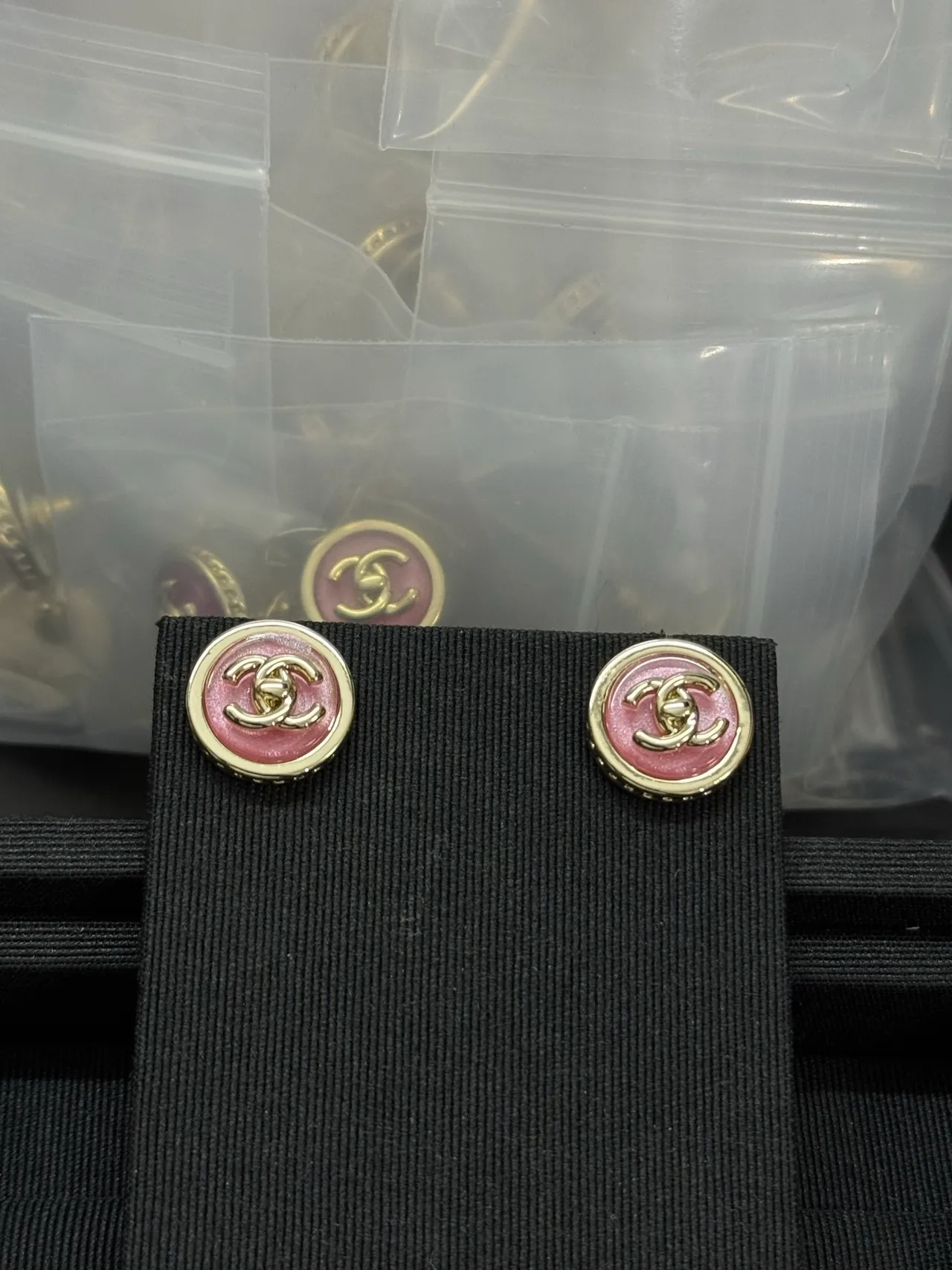 Chanel Enamel CC Pink and Gold Button Earrings 7