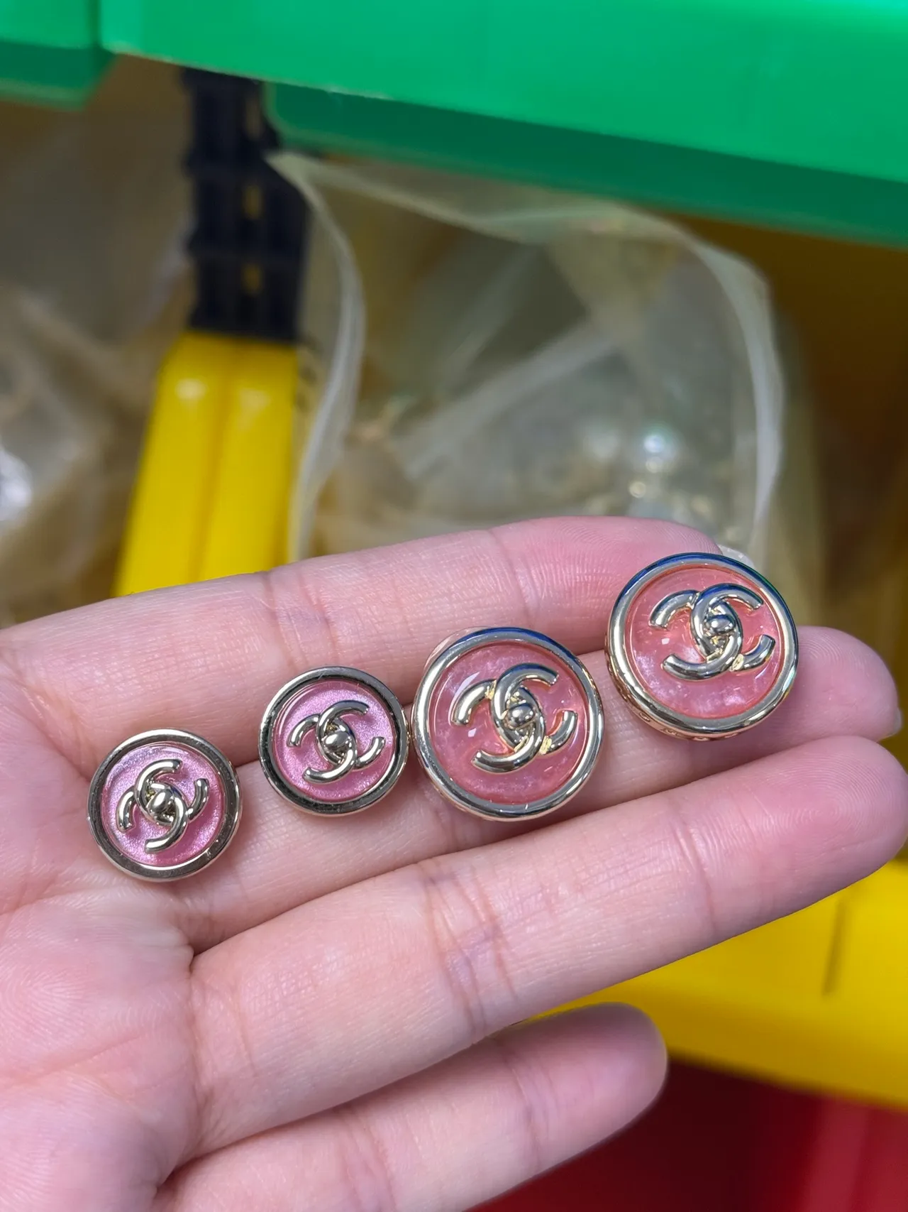 Chanel Enamel CC Pink and Gold Button Earrings 8