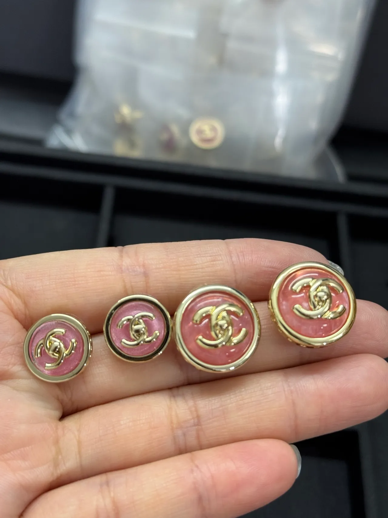 Chanel Enamel CC Pink and Gold Button Earrings 9