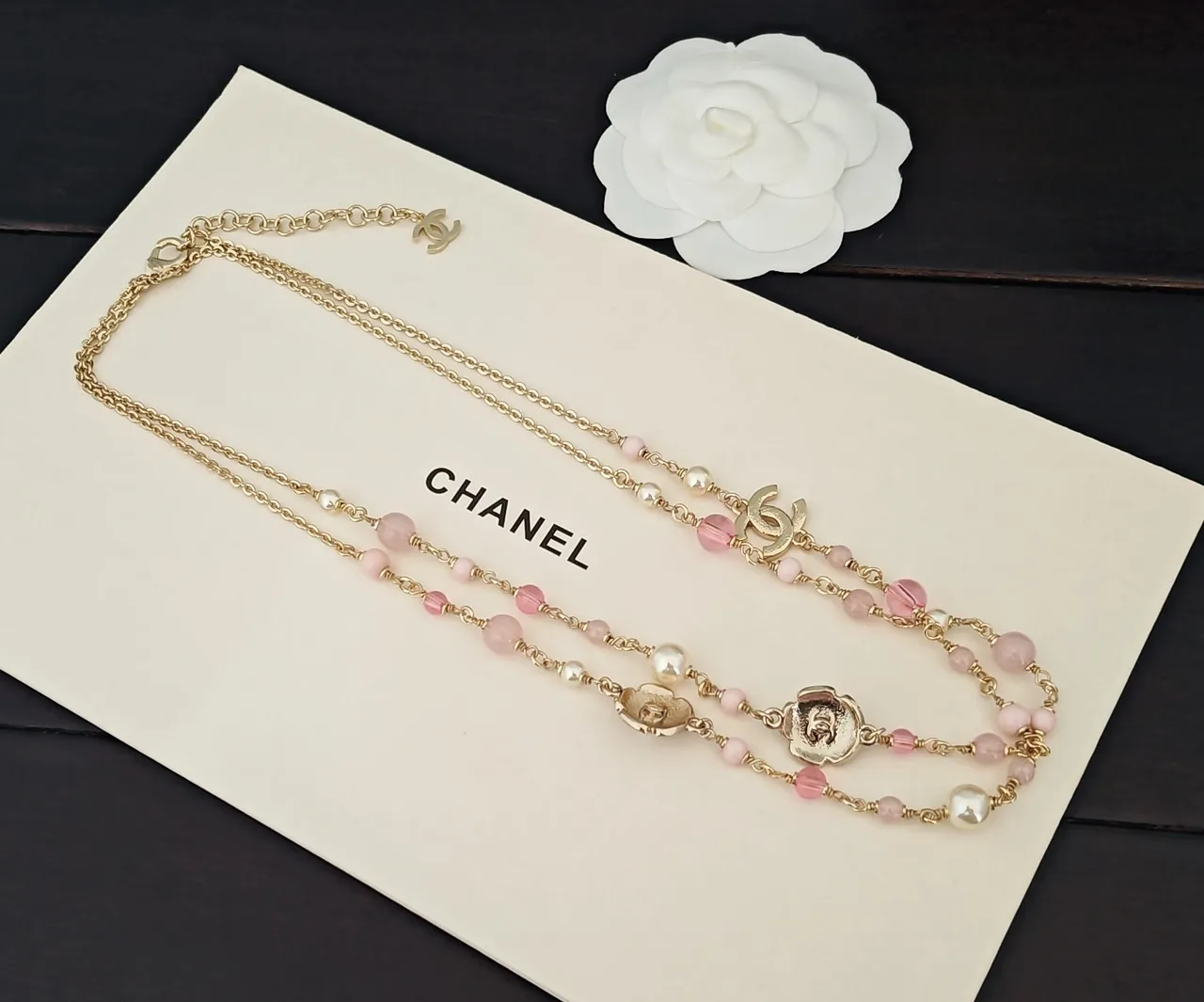 Chanel Floral Beaded Pink and Gold Necklace 3
