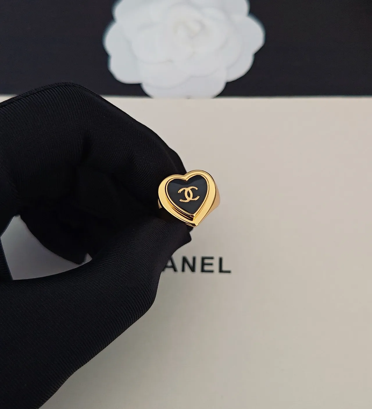Chanel Gold Black Enamel Plaque Ring 2