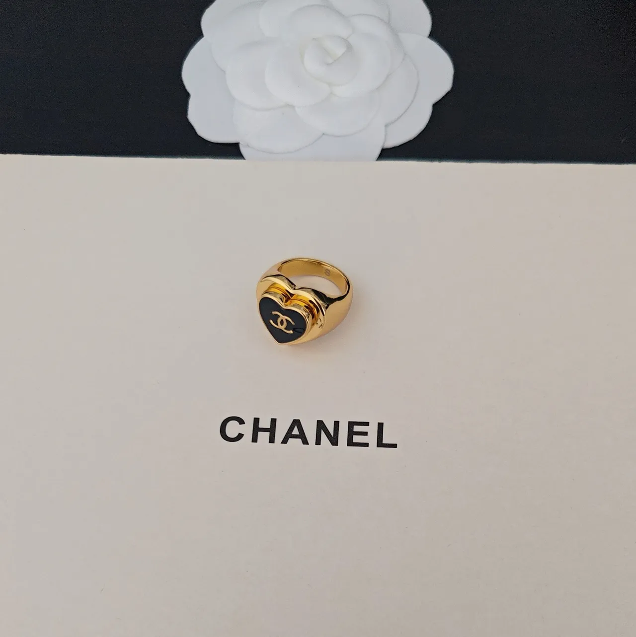 Chanel Gold Black Enamel Plaque Ring 4