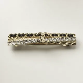 Chanel Gold Black Quilted Metal Crystal-Embellished Brooch