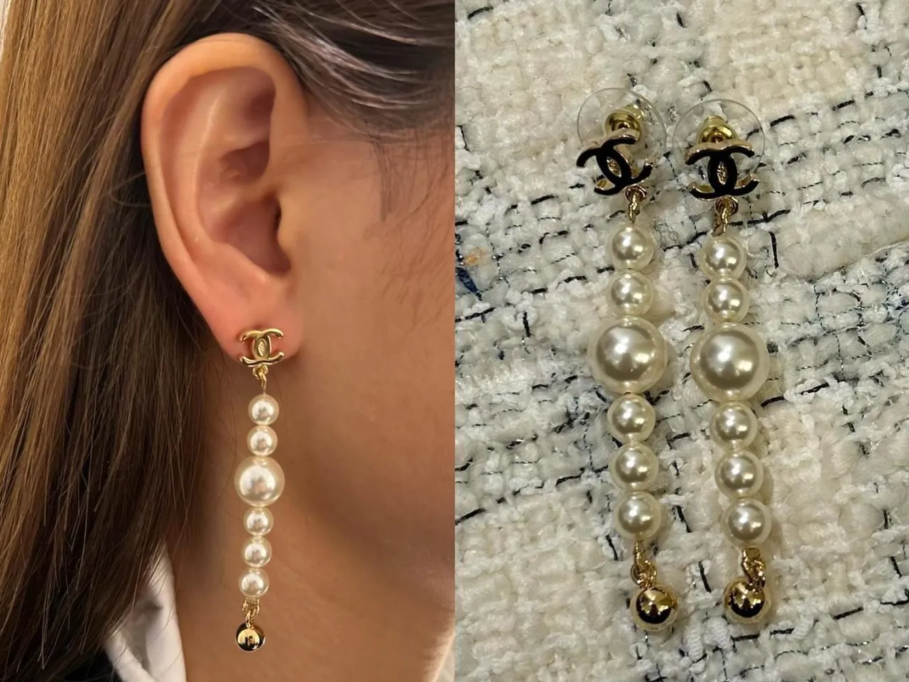 Chanel Gold-Tone Interlocking CC Multi-Pearl Drop Earrings 2