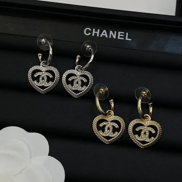 Chanel Heart Collection Silver Gold Rope-Textured Border Earrings 6