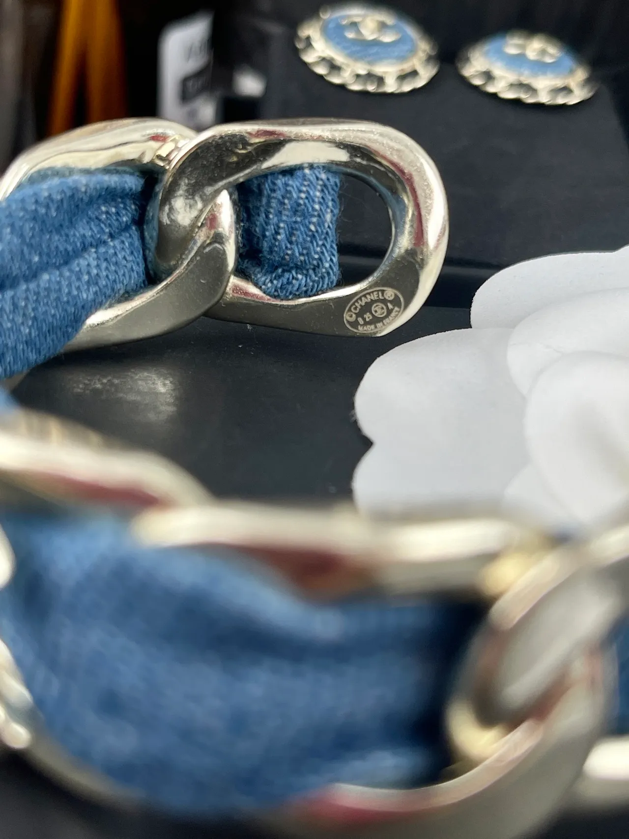 Chanel Interlocking CC Chain Bracelet Blue Silver Links Denim-Fabric Wrapped Bracelet 2