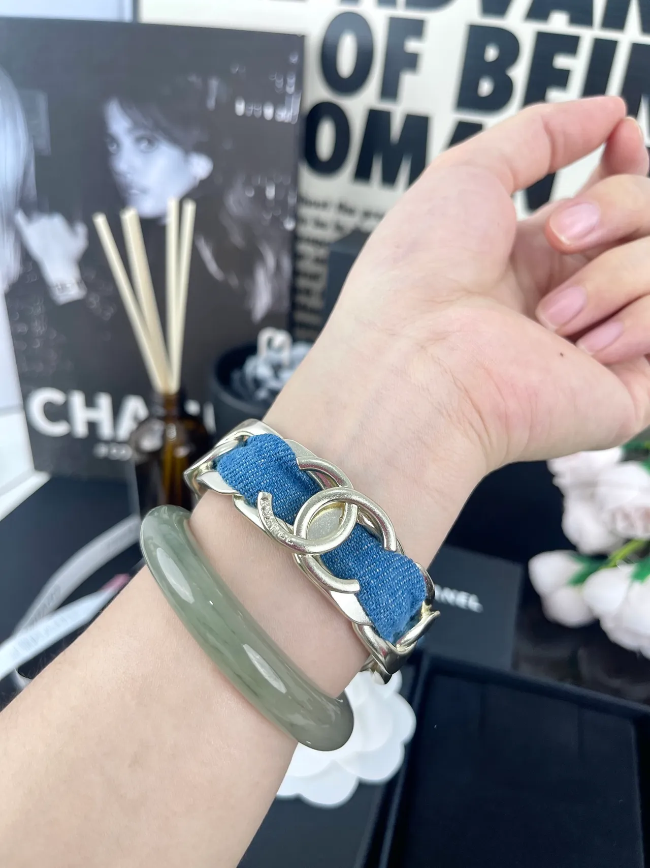 Chanel Interlocking CC Chain Bracelet Blue Silver Links Denim-Fabric Wrapped Bracelet 6