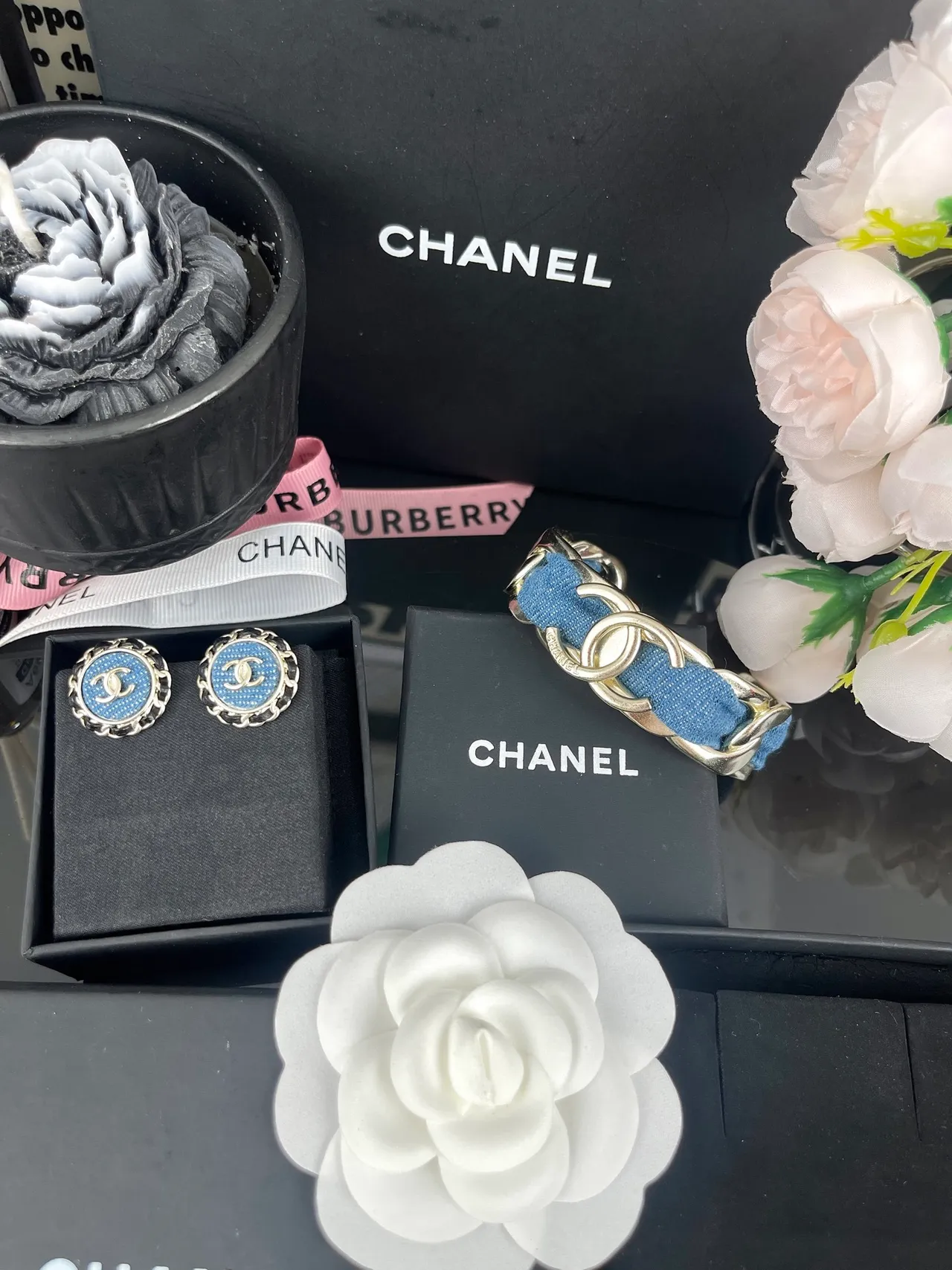Chanel Interlocking CC Chain Bracelet Blue Silver Links Denim-Fabric Wrapped Bracelet 7