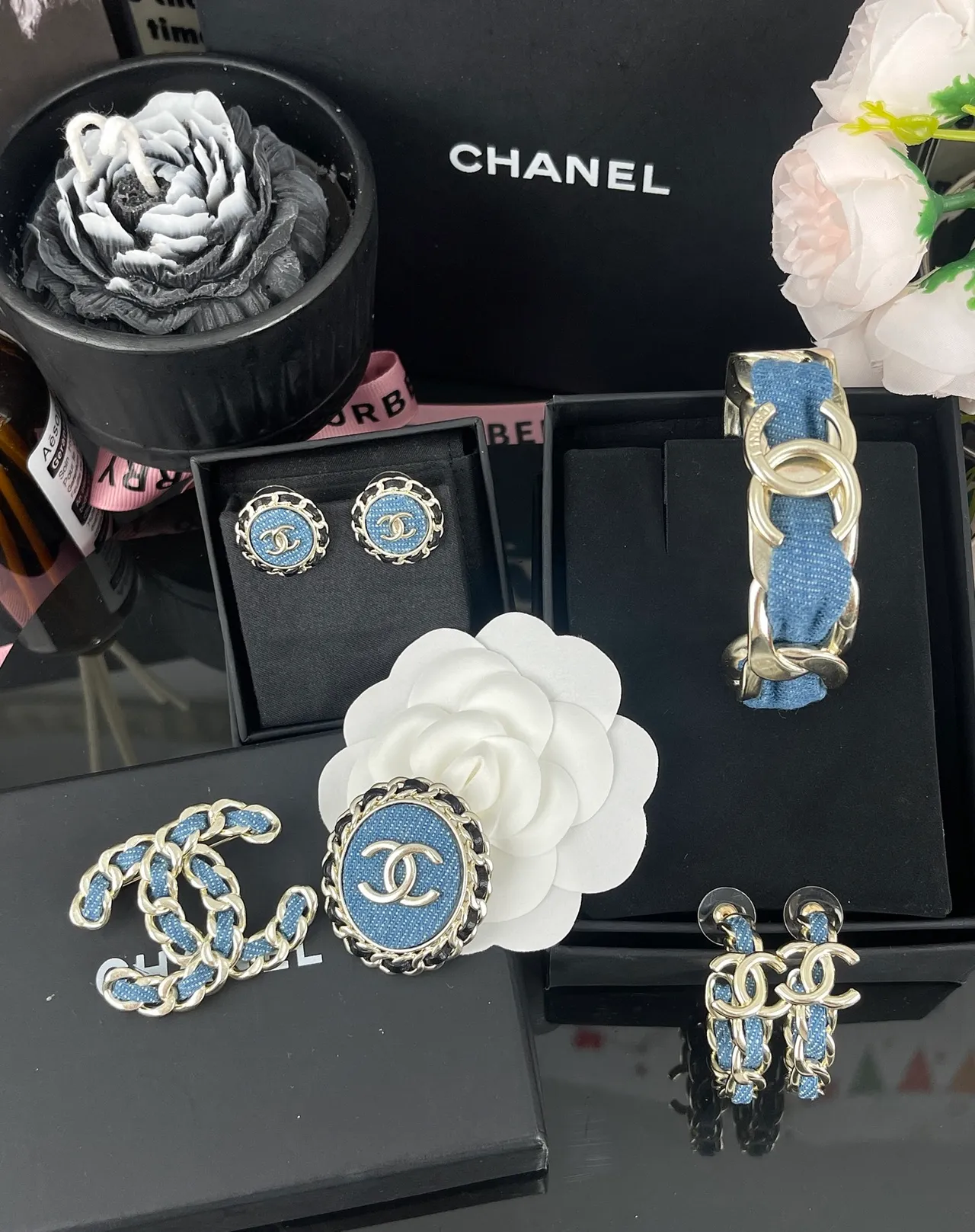 Chanel Interlocking CC Chain Bracelet Blue Silver Links Denim-Fabric Wrapped Bracelet 8
