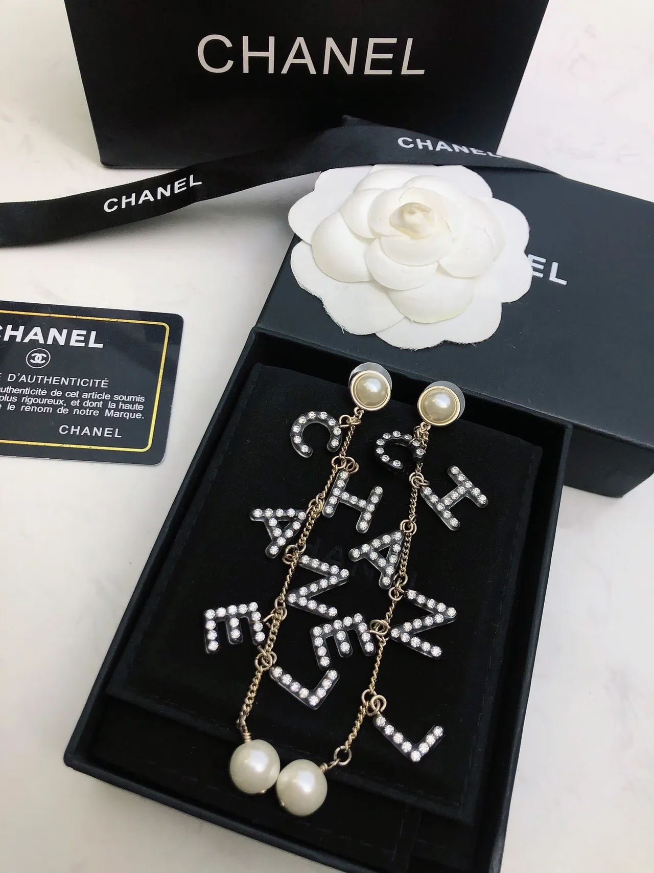 Chanel Letters Pearl and Crystal Dangling Earrings 2