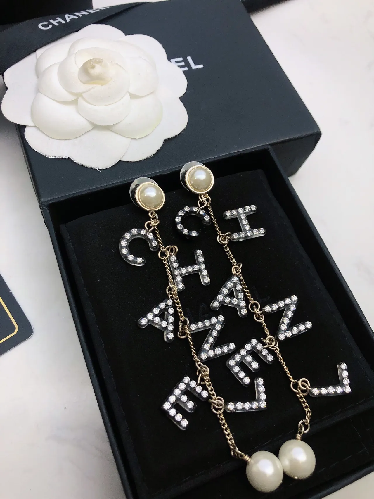 Chanel Letters Pearl and Crystal Dangling Earrings 3