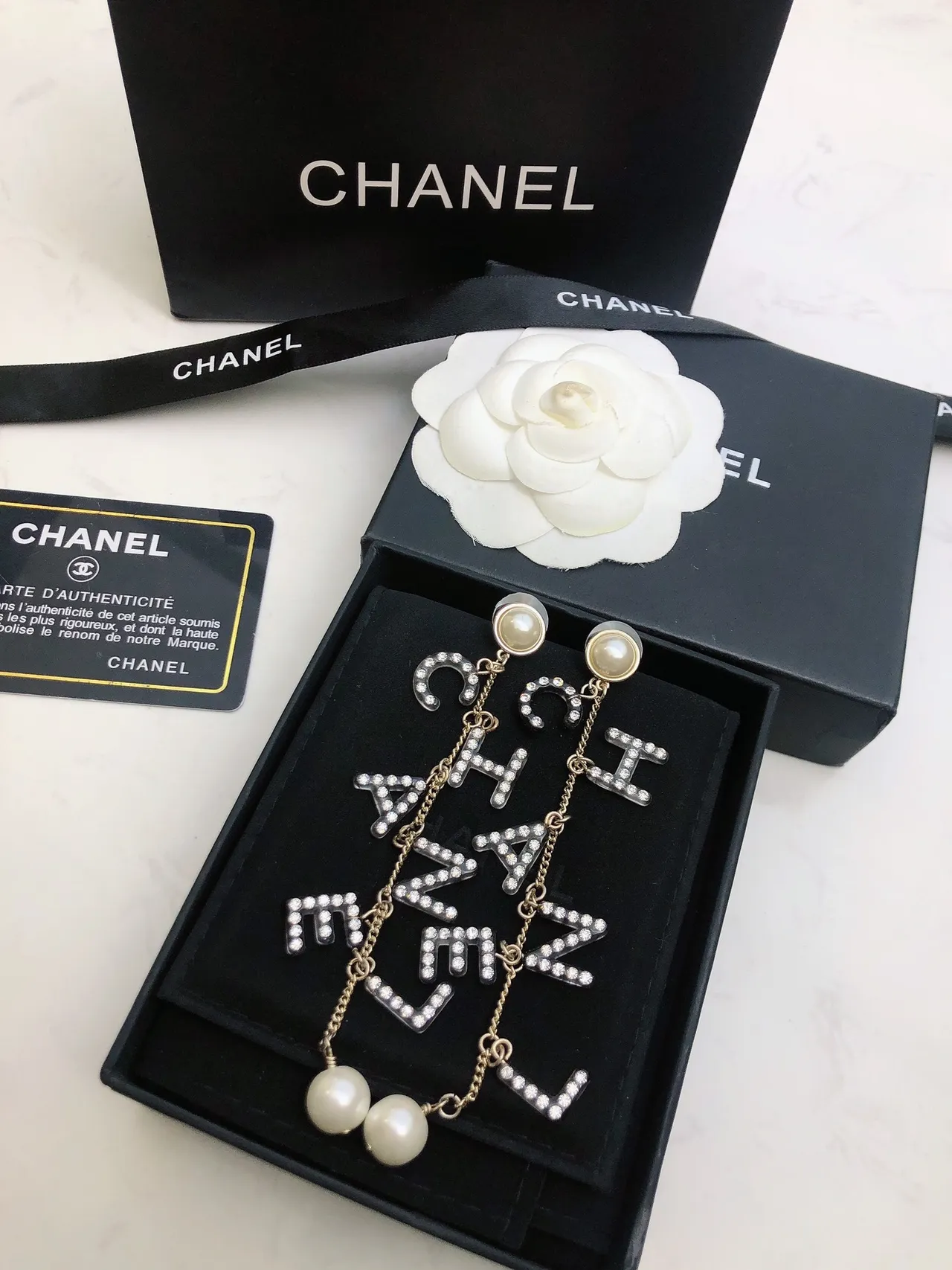 Chanel Letters Pearl and Crystal Dangling Earrings 4
