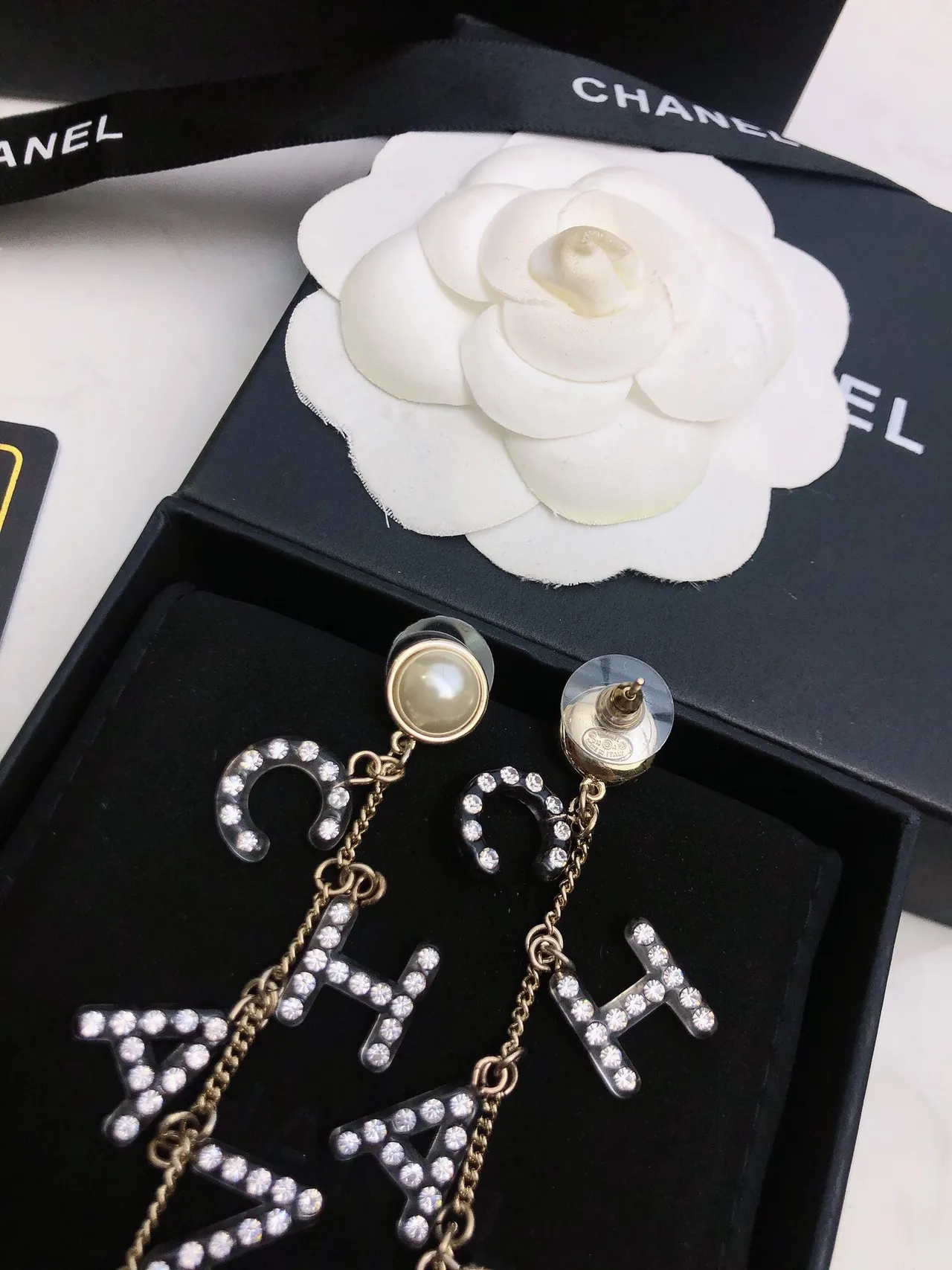 Chanel Letters Pearl and Crystal Dangling Earrings 5