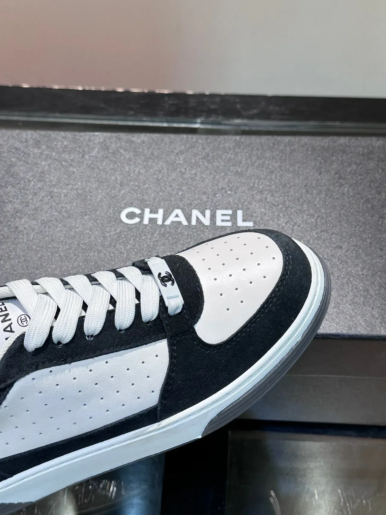 Chanel Lifestyle Sneaker Black White Perforated Leather Suede Overlay Lifestyle Sneakers 7