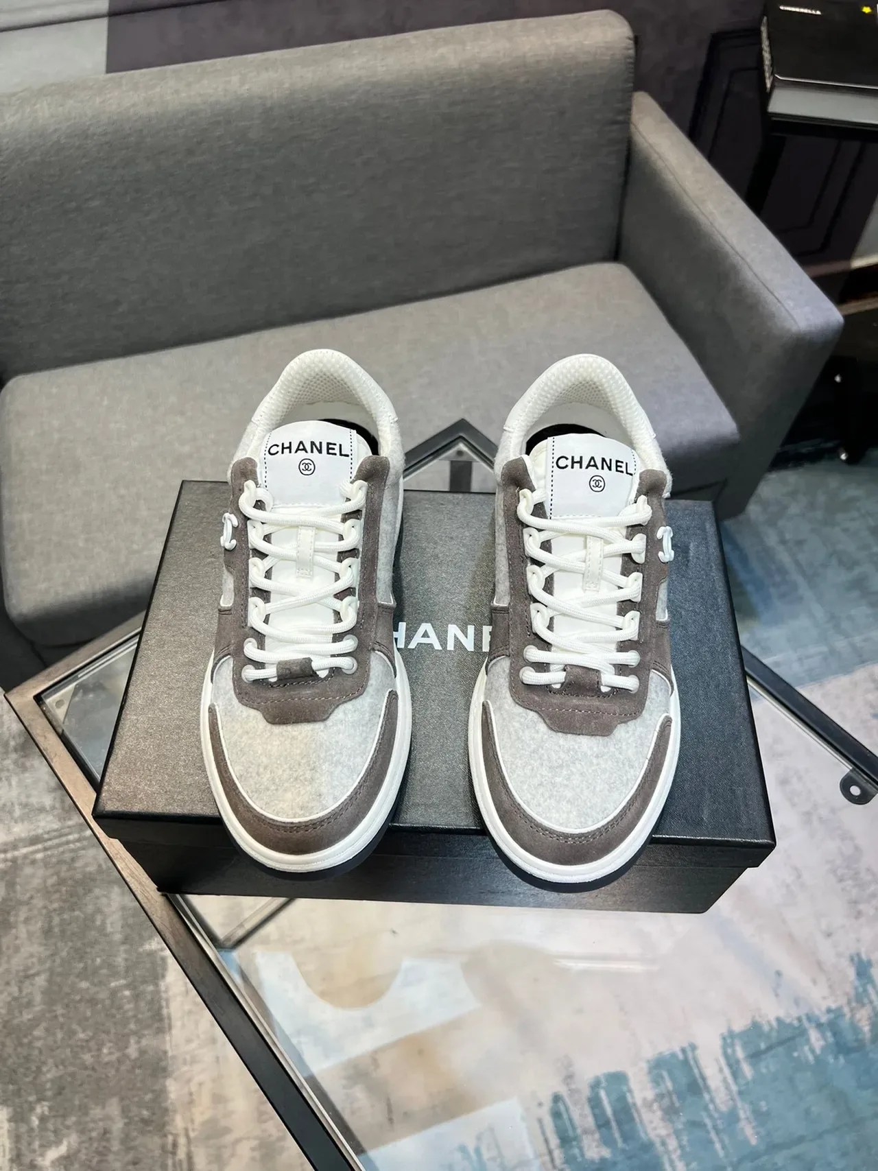 Chanel Lifestyle Sneaker Gray Brown Layered Felt And Suede Upper Interlocking CC Logo Lifestyle Sneakers 2