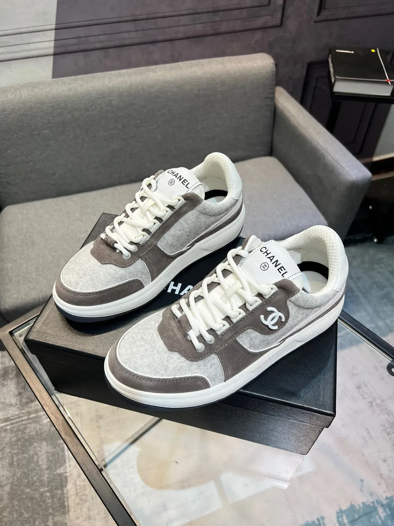 Chanel Lifestyle Sneaker Gray Brown Layered Felt And Suede Upper Interlocking CC Logo Lifestyle Sneakers 3