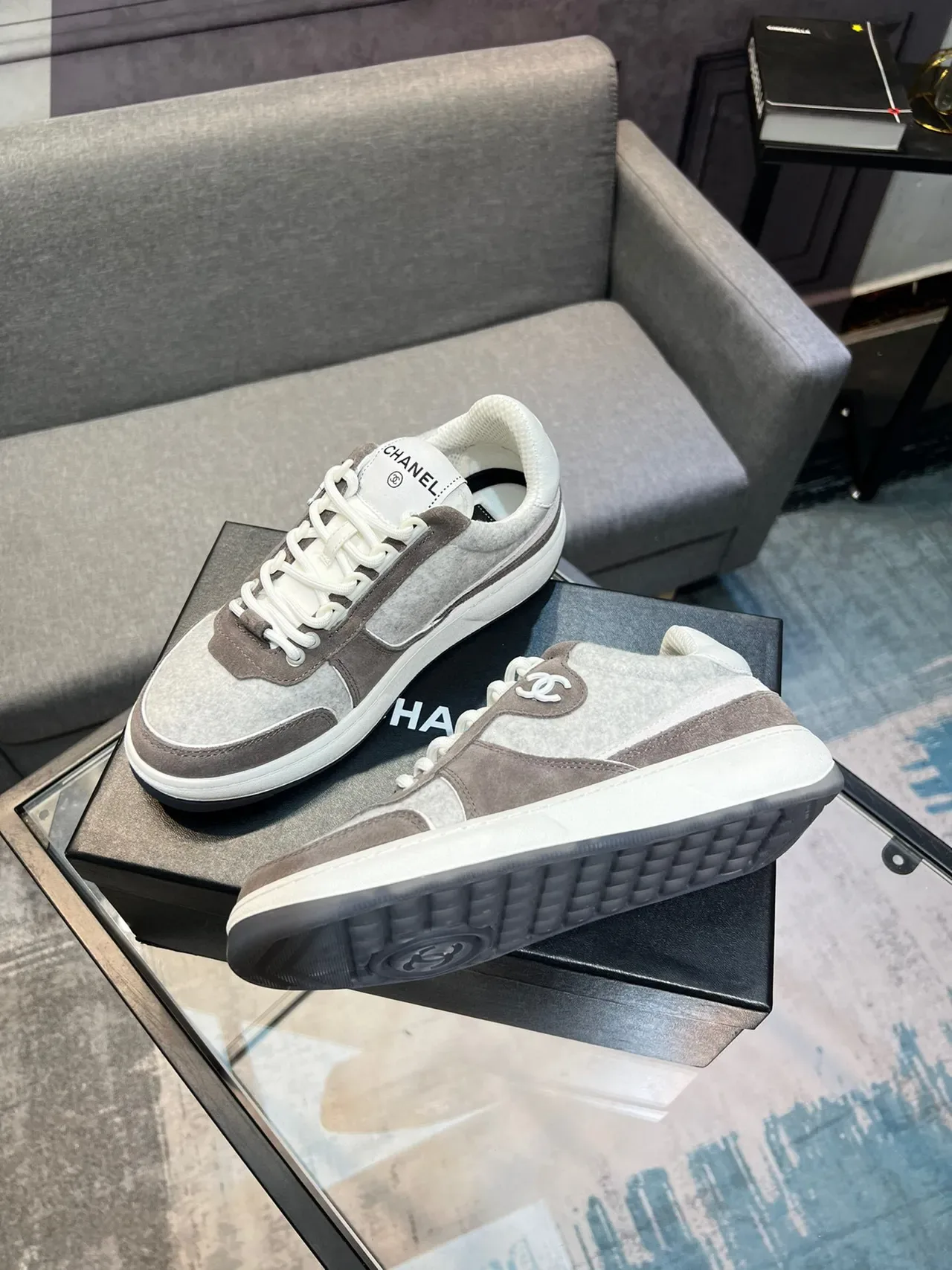 Chanel Lifestyle Sneaker Gray Brown Layered Felt And Suede Upper Interlocking CC Logo Lifestyle Sneakers 4