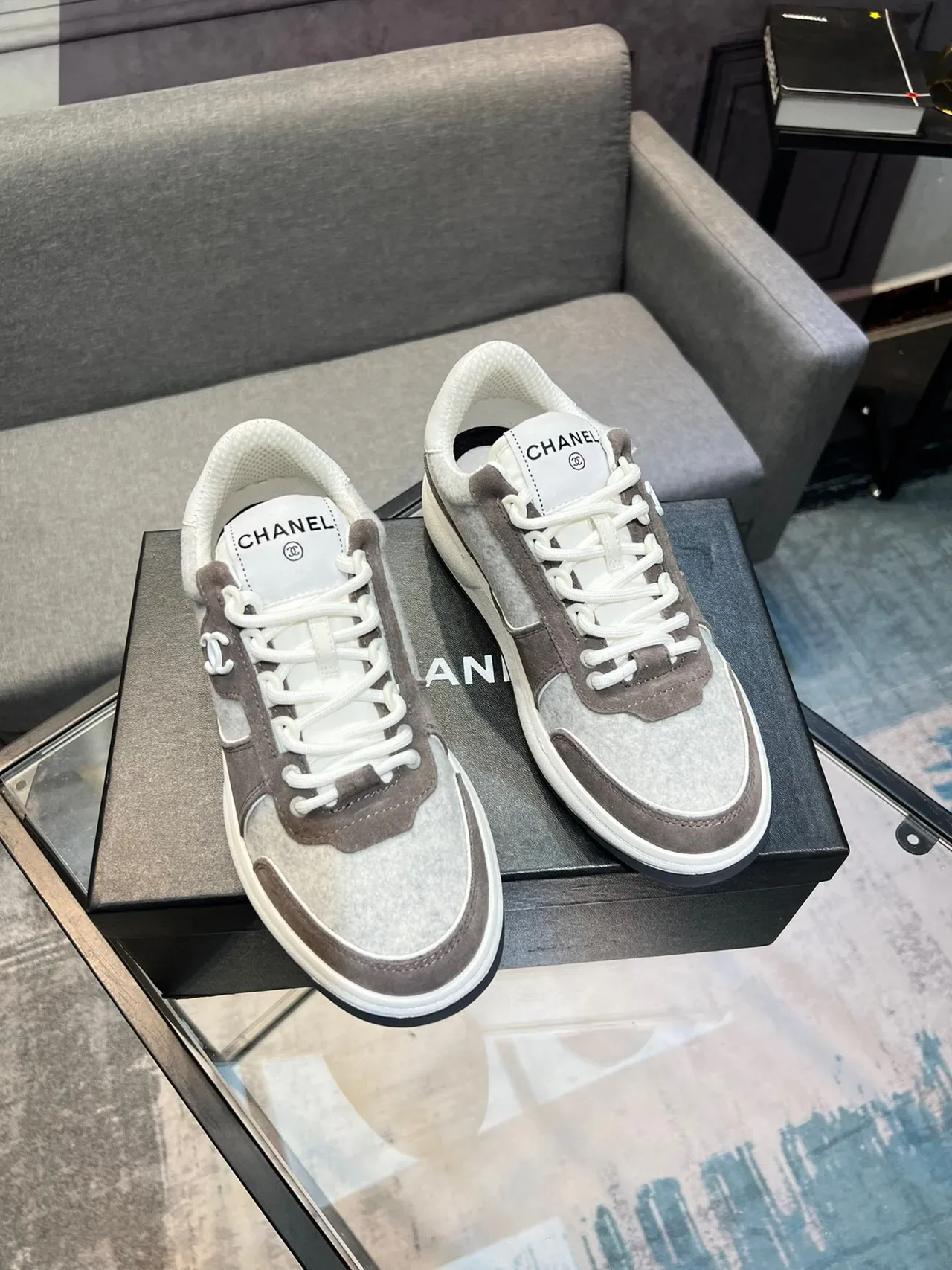 Chanel Lifestyle Sneaker Gray Brown Layered Felt And Suede Upper Interlocking CC Logo Lifestyle Sneakers 5