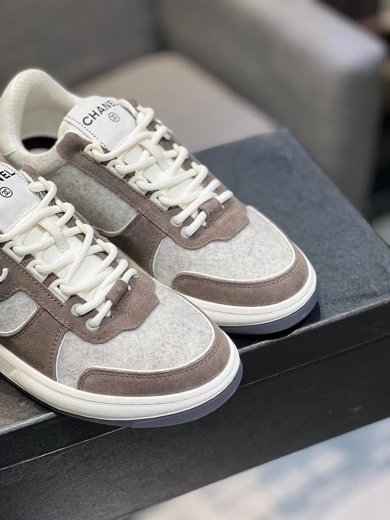 Chanel Lifestyle Sneaker Gray Brown Layered Felt And Suede Upper Interlocking CC Logo Lifestyle Sneakers 8