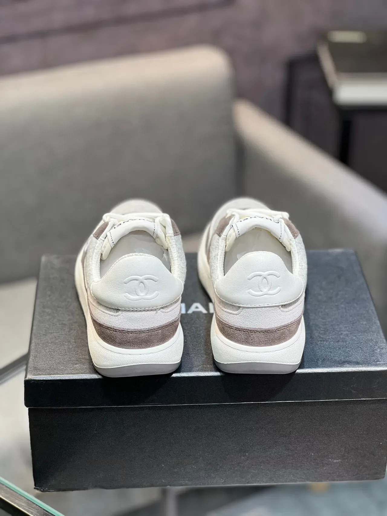 Chanel Lifestyle Sneaker Gray Brown Layered Felt And Suede Upper Interlocking CC Logo Lifestyle Sneakers 9