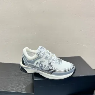 Chanel Lifestyle Sneaker White Silver Mesh And Metallic Overlays Interlocking CC Logo Lifestyle Sneakers