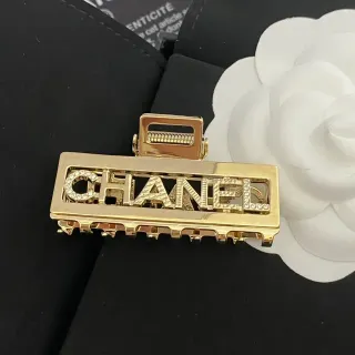 Chanel Logo Crystal Hair Clip Gold-Tone Brooch