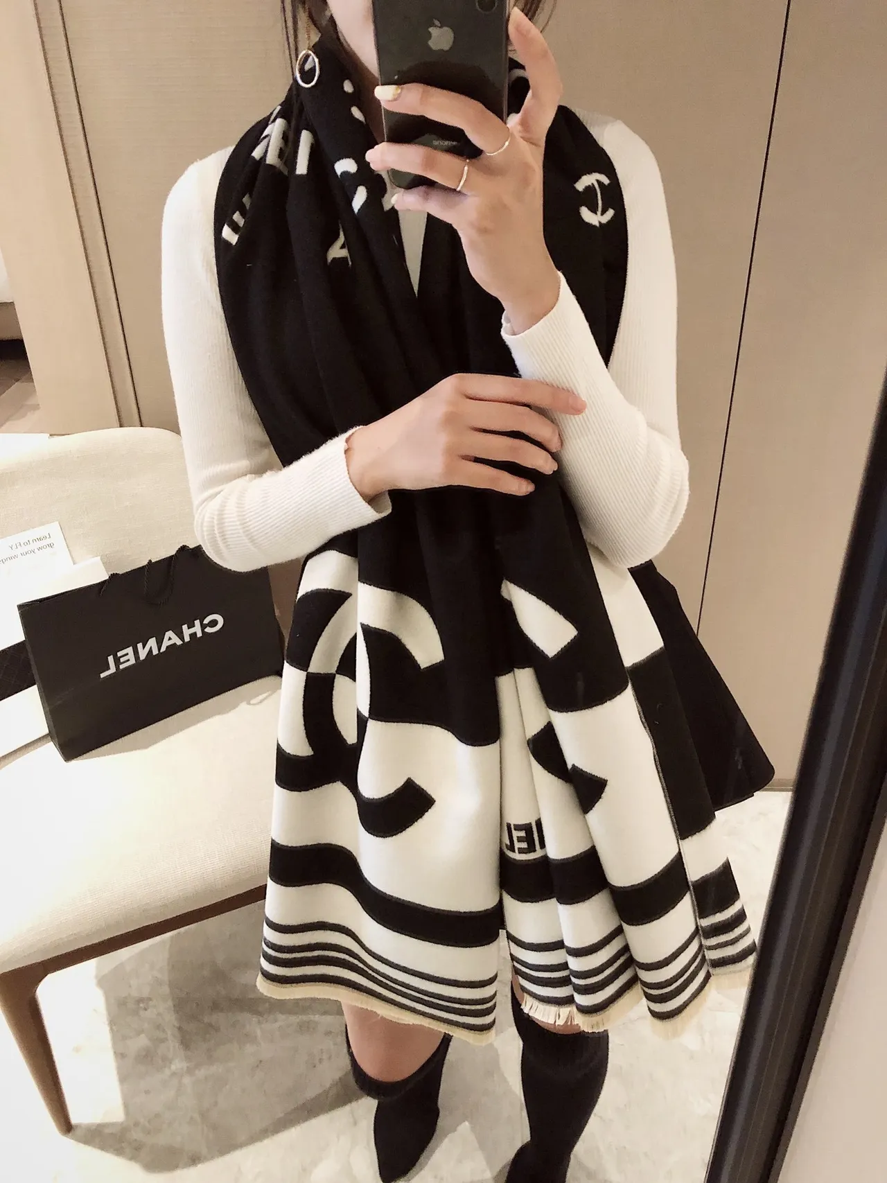 Chanel Logo-Print Oversized Fringed Shawl 8