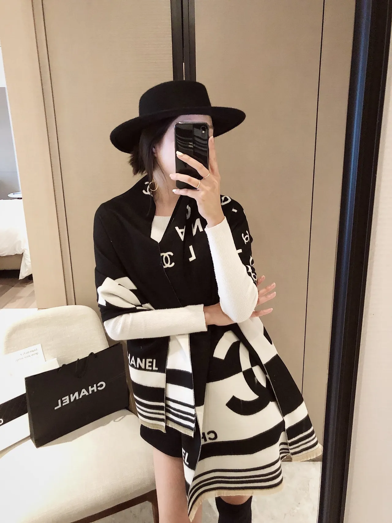 Chanel Logo-Print Oversized Fringed Shawl 9