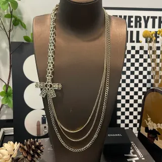 Chanel Multi-Chain Silver-Tone Bow CC Pendant Necklace
