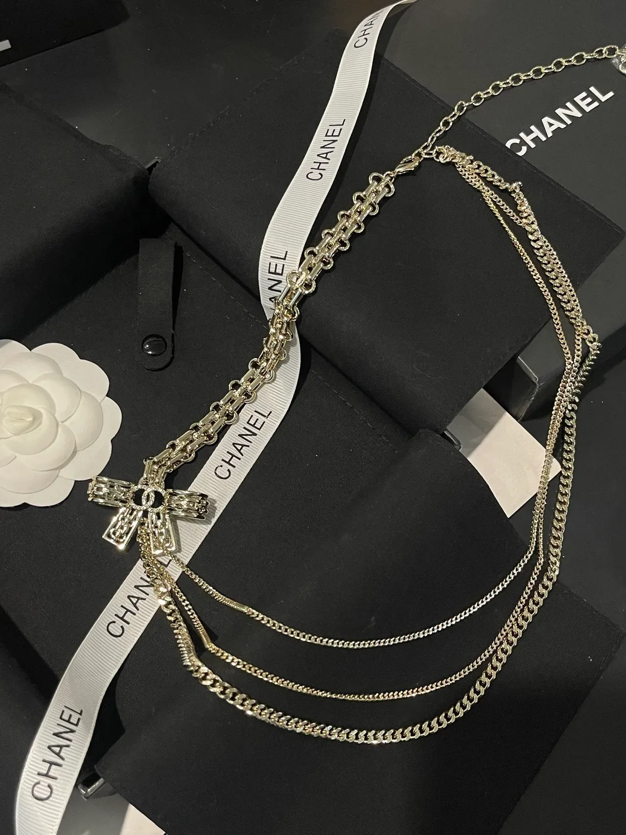 Chanel Multi-Chain Silver-Tone Bow CC Pendant Necklace 2