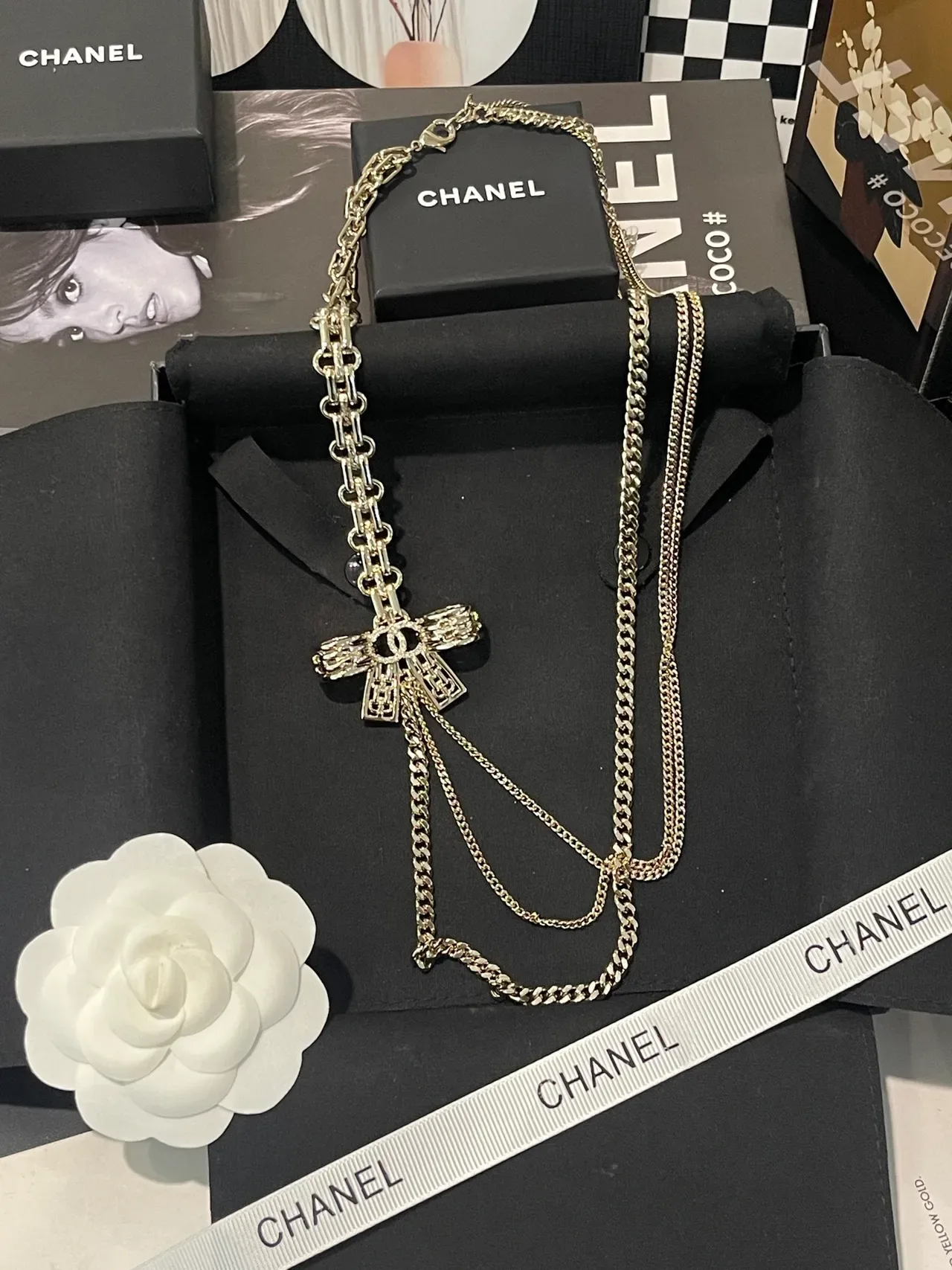 Chanel Multi-Chain Silver-Tone Bow CC Pendant Necklace 3