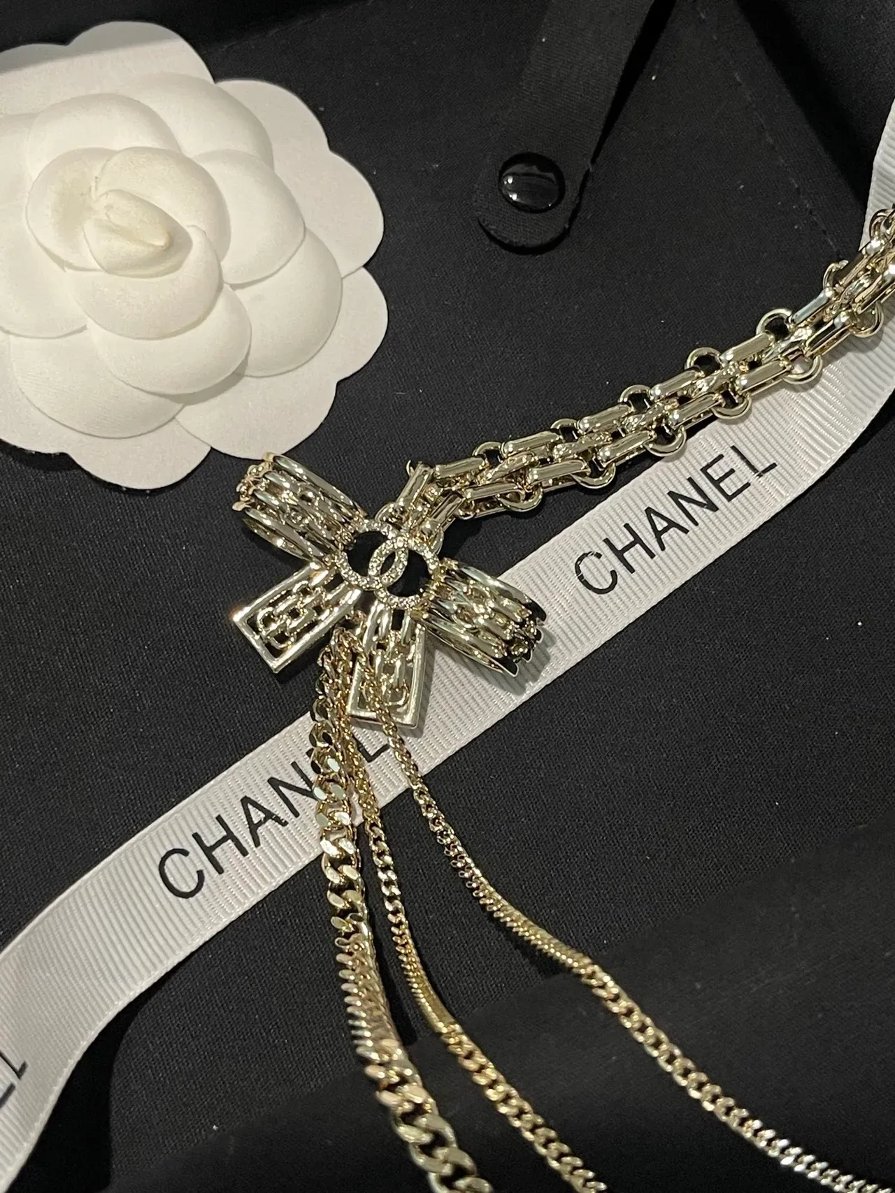 Chanel Multi-Chain Silver-Tone Bow CC Pendant Necklace 6