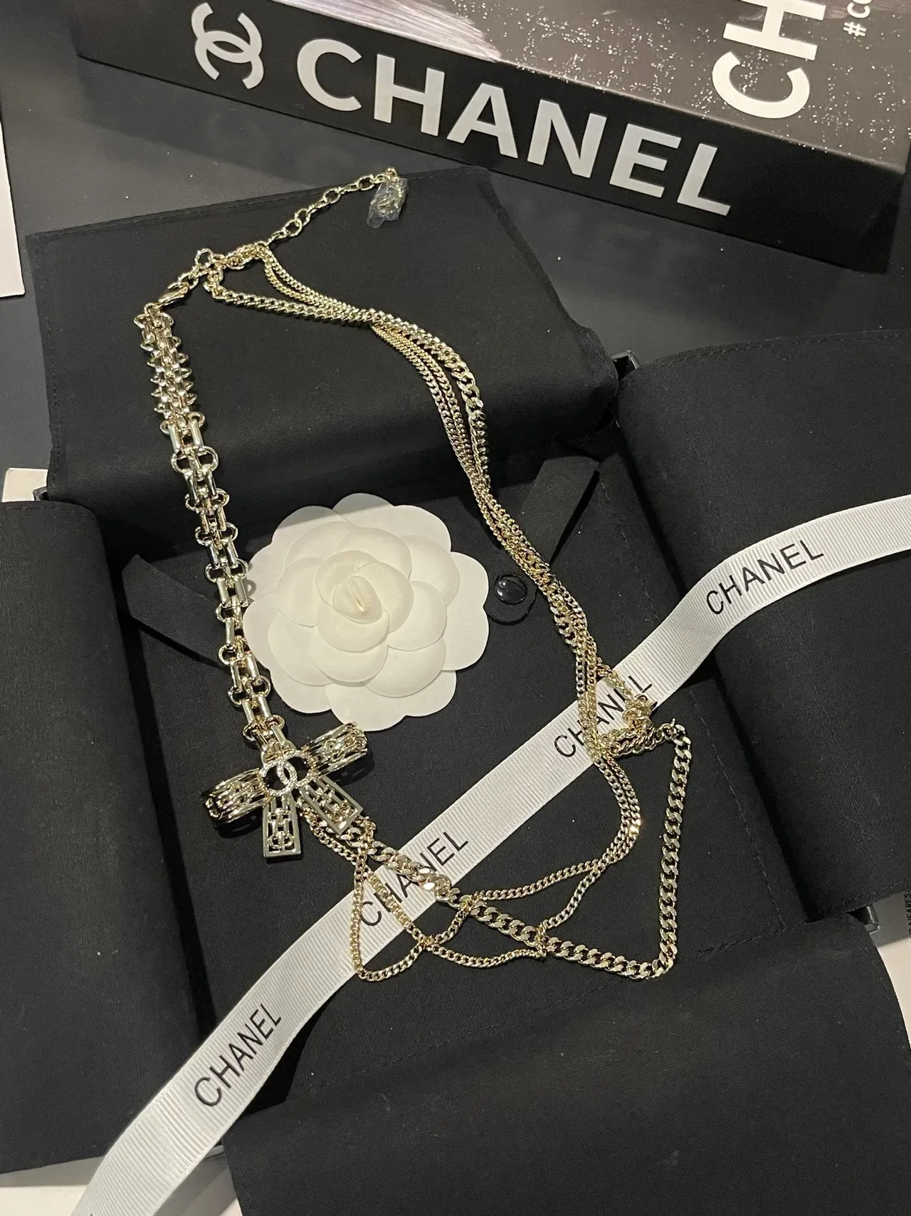 Chanel Multi-Chain Silver-Tone Bow CC Pendant Necklace 7