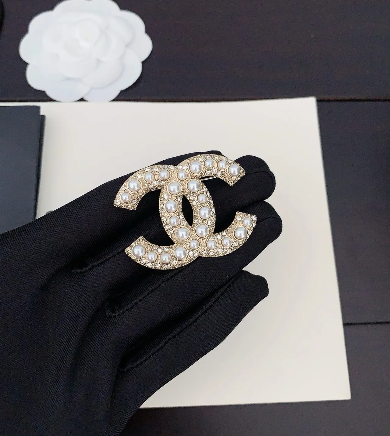 Chanel Pearl and Crystal CC Logo Brooch 2