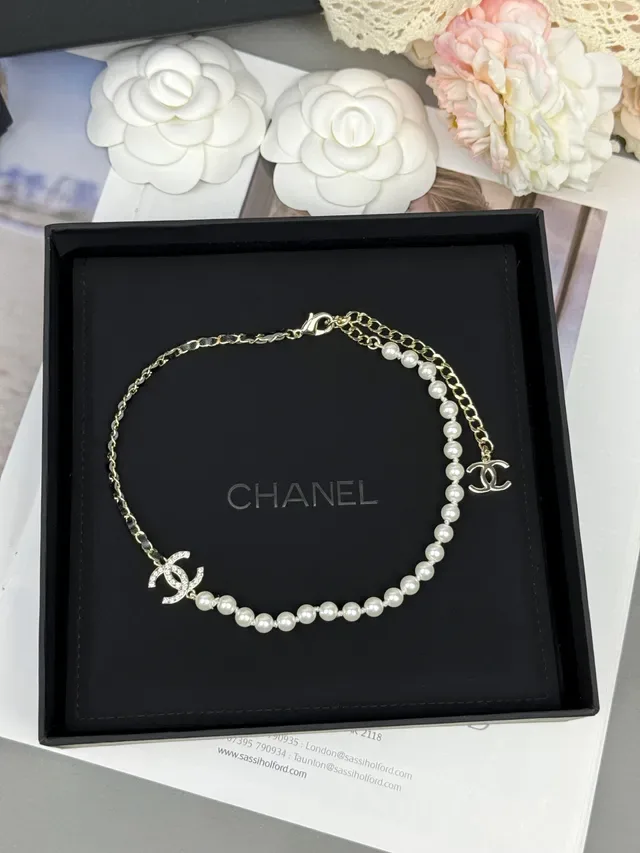 Chanel Pearl & Chain White Black Strand Interwoven Bracelet 6