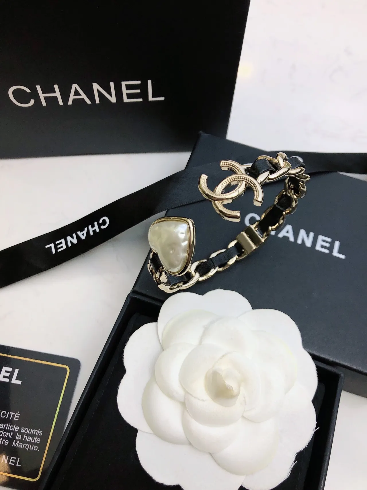 Chanel Pearl Charm Chain Bracelet Gold Black Chunky Curb-Link Leather Interspacing Bracelet 5