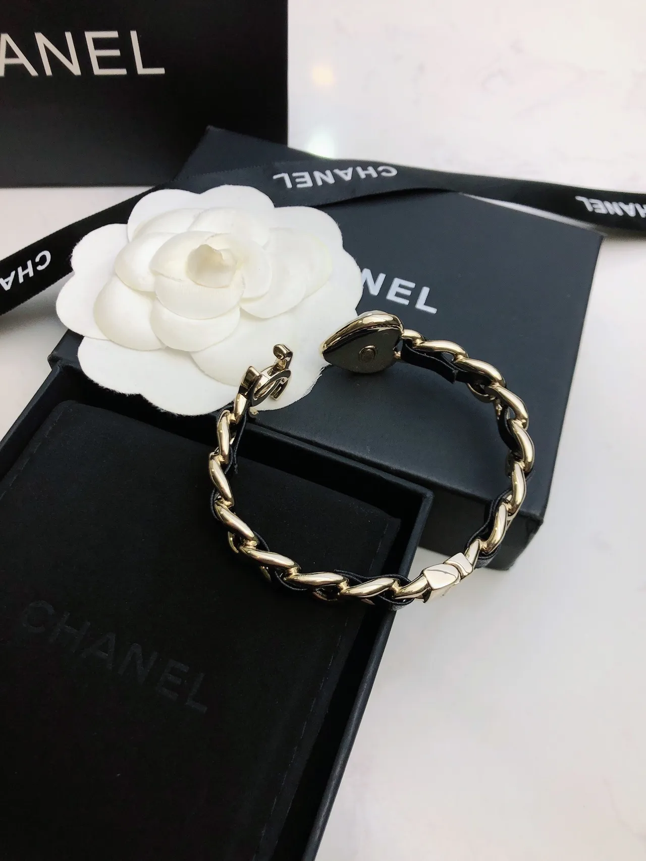 Chanel Pearl Charm Chain Bracelet Gold Black Chunky Curb-Link Leather Interspacing Bracelet 8