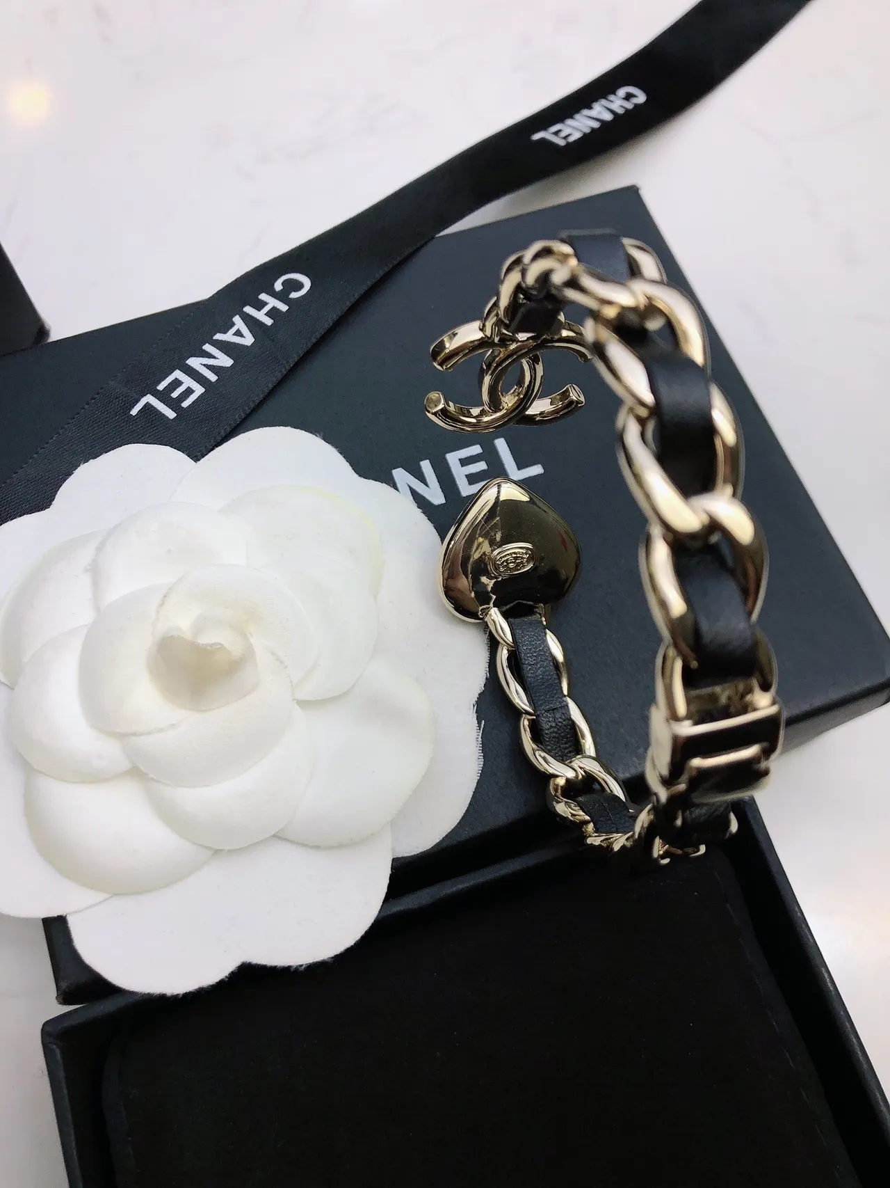 Chanel Pearl Charm Chain Bracelet Gold Black Chunky Curb-Link Leather Interspacing Bracelet 9