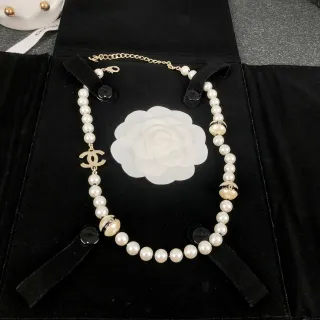Chanel Pearl Necklace White Gold Strand CC Logo Necklace