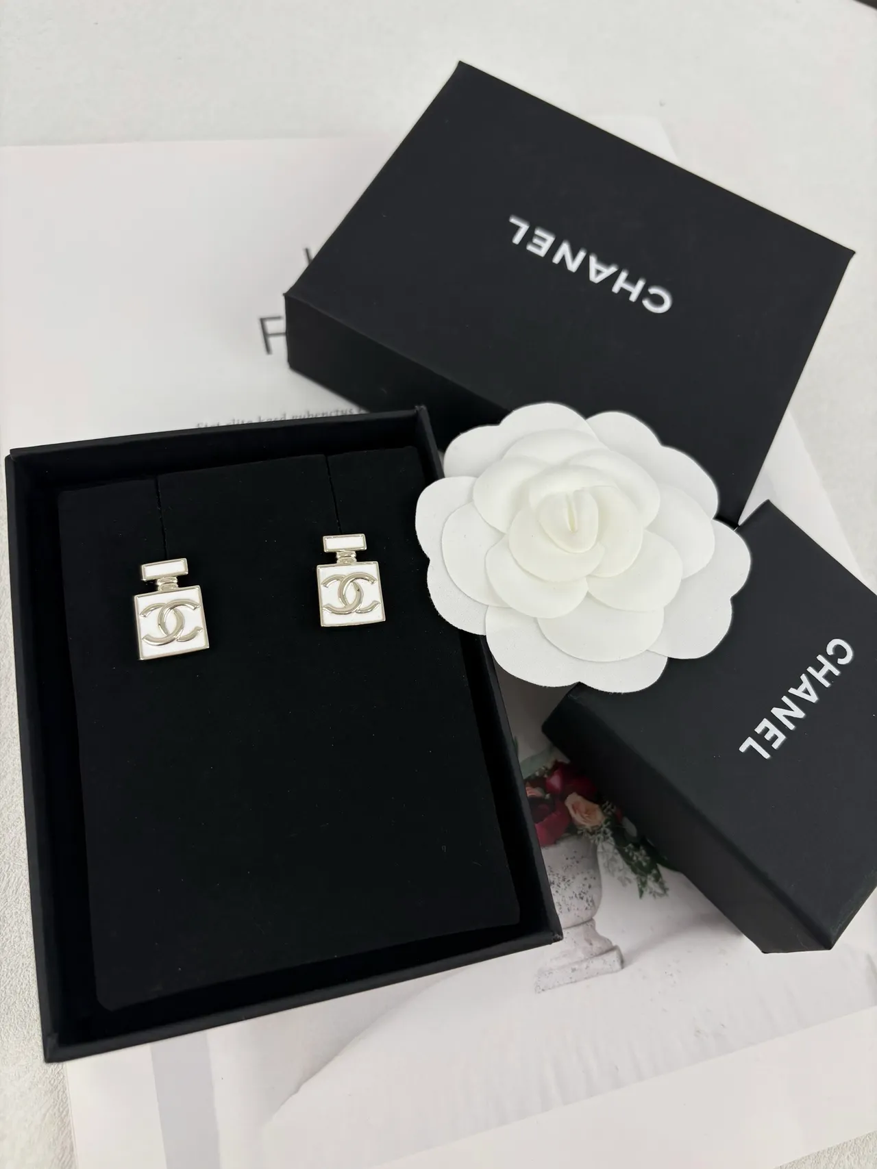 Chanel Perfume Bottle White Silver Silhouette Enamel Finish Earrings 2