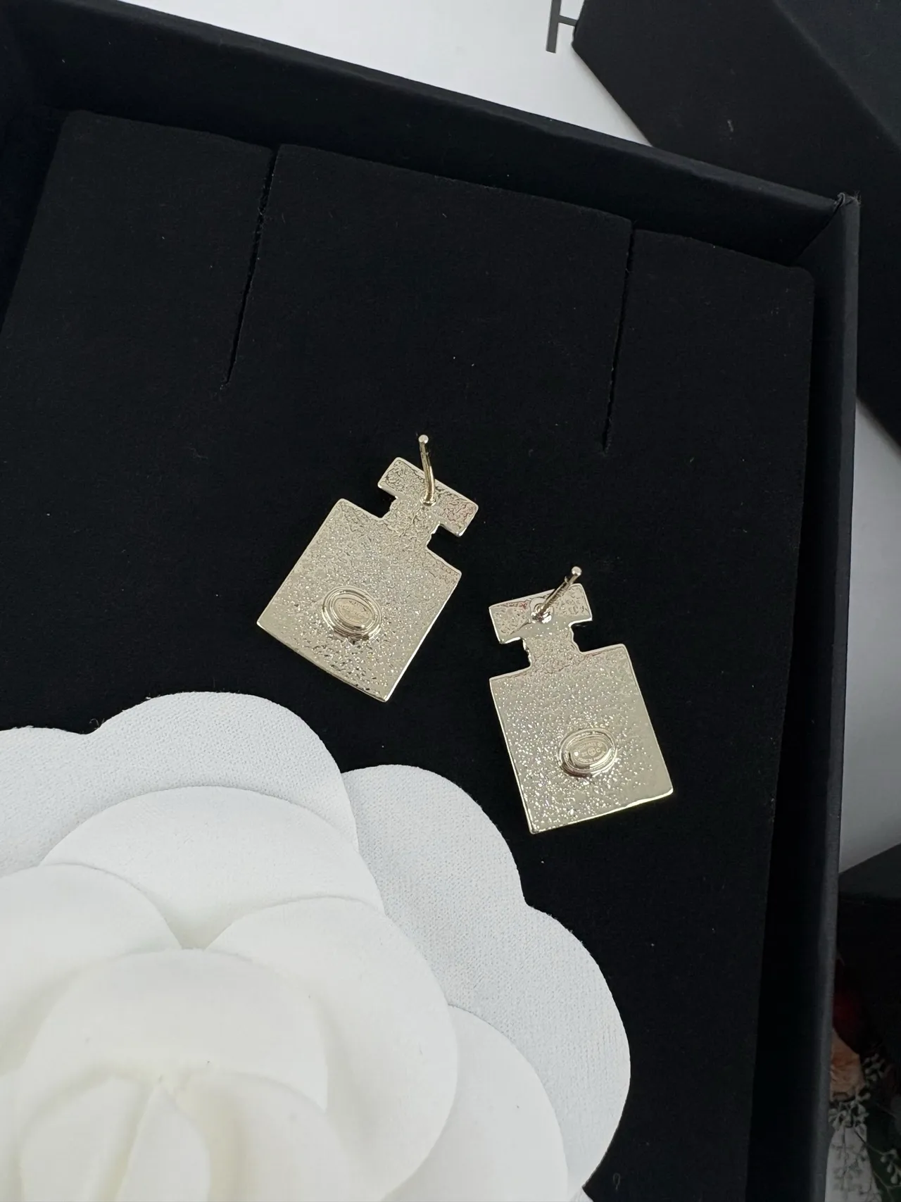 Chanel Perfume Bottle White Silver Silhouette Enamel Finish Earrings 4