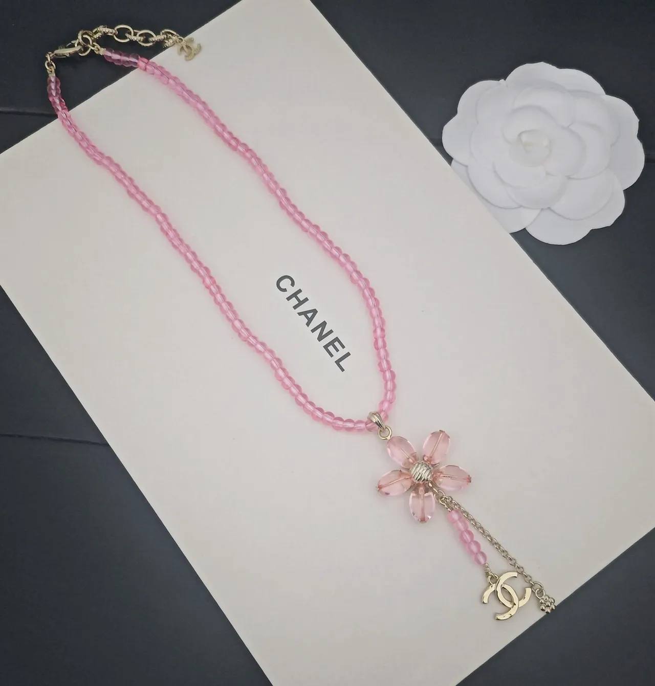 Chanel Pink Beaded Floral Pendant Necklace 2
