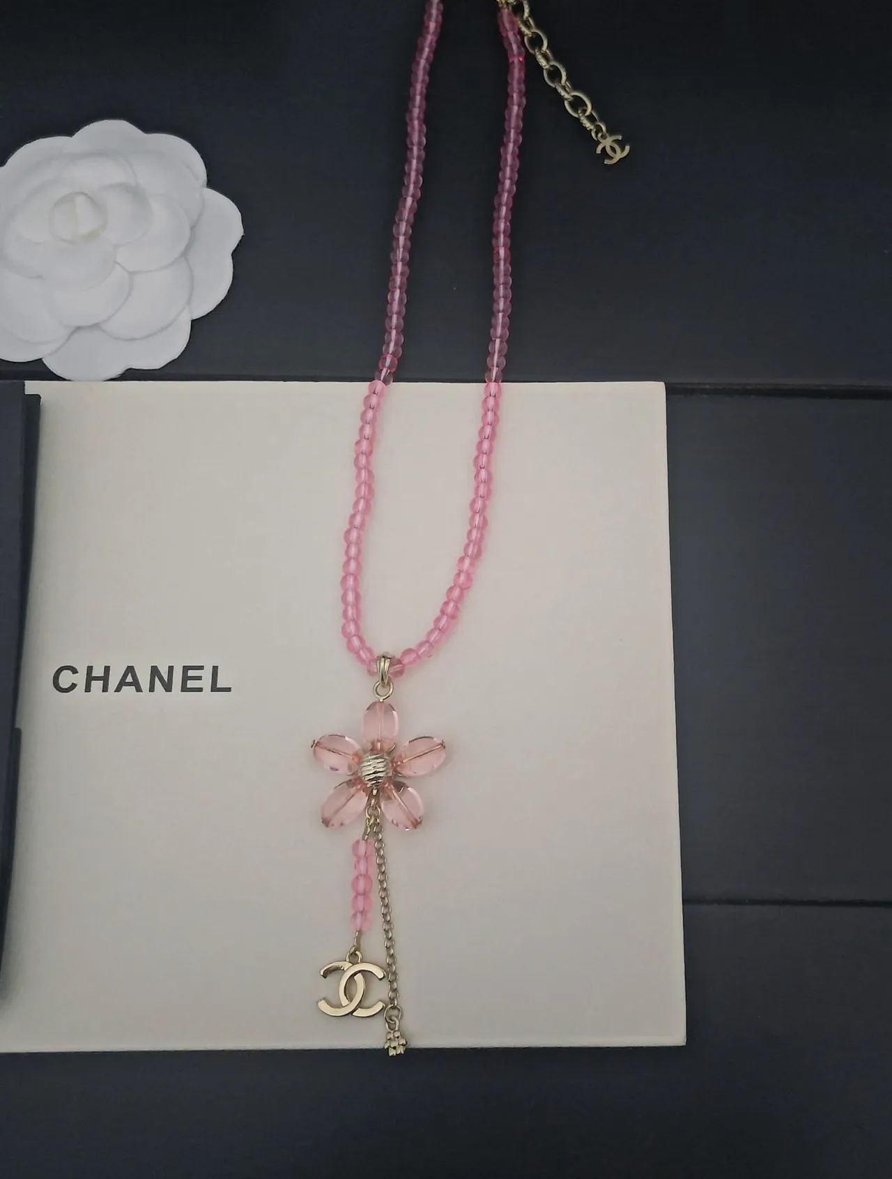 Chanel Pink Beaded Floral Pendant Necklace 3