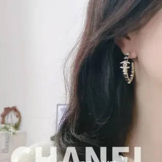 Chanel चांदी काला हूप ईयररिंग इंटरलॉकिंग CC Logo ईयररिंग
