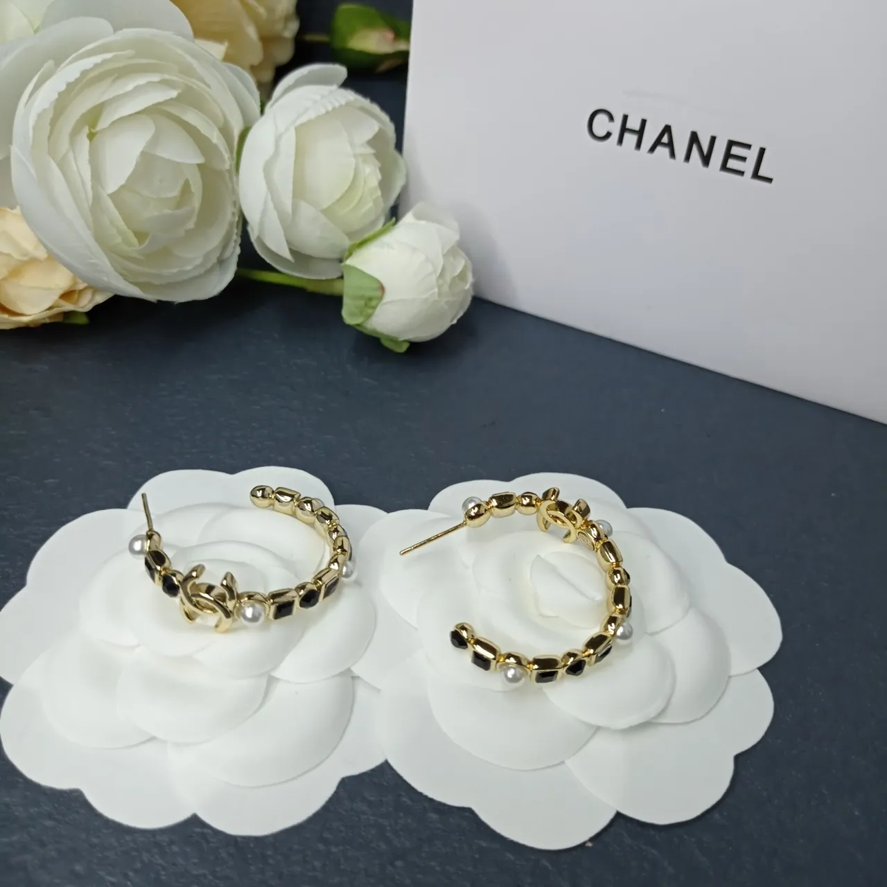 Chanel Silver Black Hoop Earring Interlocking CC Logo Earrings 2