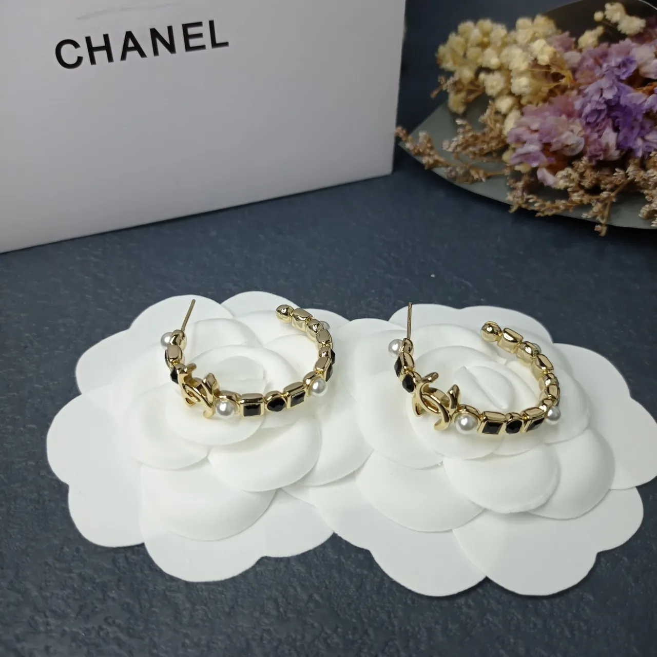 Chanel Silver Black Hoop Earring Interlocking CC Logo Earrings 3